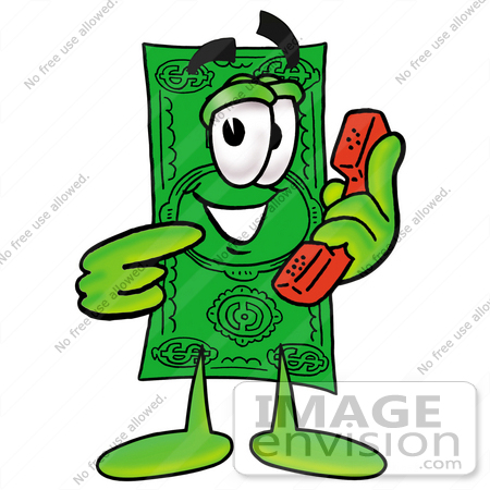 #24553 Clip Art Graphic of a Flat Green Dollar Bill Cartoon Character Holding a Telephone by toons4biz