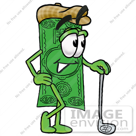 #24554 Clip Art Graphic of a Flat Green Dollar Bill Cartoon Character Leaning on a Golf Club While Golfing by toons4biz