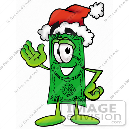 #24555 Clip Art Graphic of a Flat Green Dollar Bill Cartoon Character Wearing a Santa Hat and Waving by toons4biz