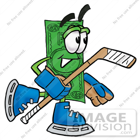 #24557 Clip Art Graphic of a Flat Green Dollar Bill Cartoon Character Playing Ice Hockey by toons4biz