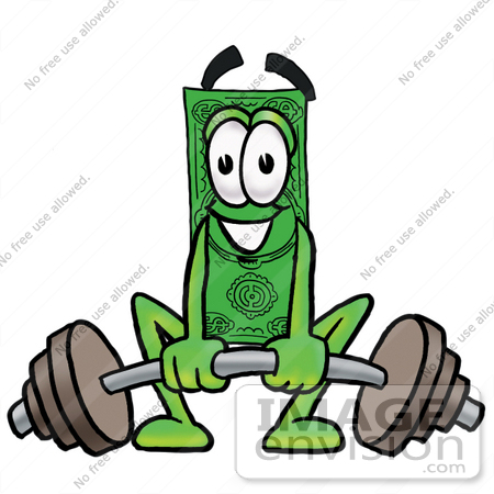 #24558 Clip Art Graphic of a Flat Green Dollar Bill Cartoon Character Lifting a Heavy Barbell by toons4biz