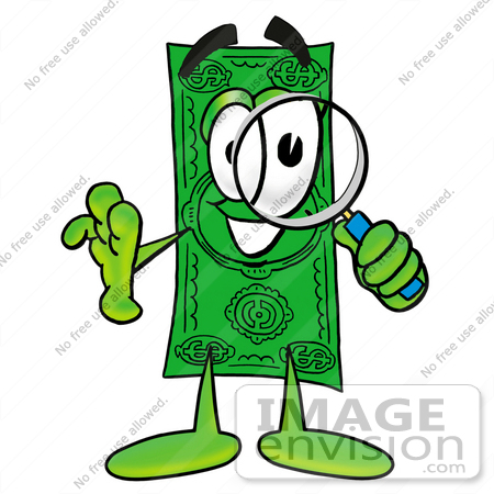 #24559 Clip Art Graphic of a Flat Green Dollar Bill Cartoon Character Looking Through a Magnifying Glass by toons4biz