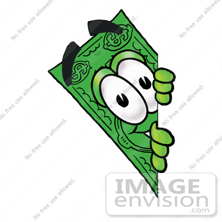 #24561 Clip Art Graphic of a Flat Green Dollar Bill Cartoon Character Peeking Around a Corner by toons4biz