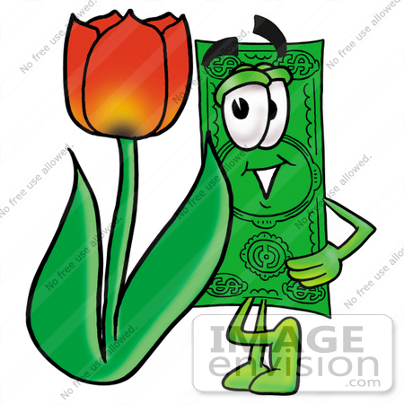 #24562 Clip Art Graphic of a Flat Green Dollar Bill Cartoon Character With a Red Tulip Flower in the Spring by toons4biz