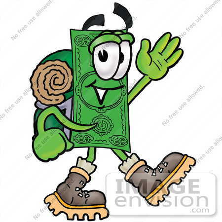 #24563 Clip Art Graphic of a Flat Green Dollar Bill Cartoon Character Hiking and Carrying a Backpack by toons4biz