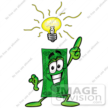 #24564 Clip Art Graphic of a Flat Green Dollar Bill Cartoon Character With a Bright Idea by toons4biz