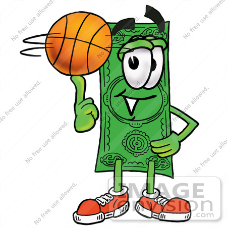 #24566 Clip Art Graphic of a Flat Green Dollar Bill Cartoon Character Spinning a Basketball on His Finger by toons4biz
