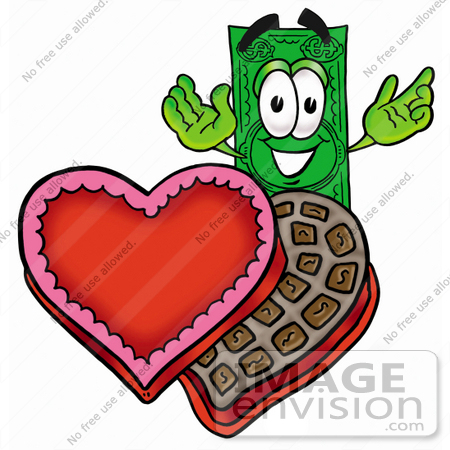 #24567 Clip Art Graphic of a Flat Green Dollar Bill Cartoon Character With an Open Box of Valentines Day Chocolate Candies by toons4biz