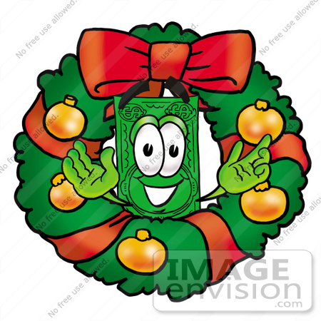 #24569 Clip Art Graphic of a Flat Green Dollar Bill Cartoon Character in the Center of a Christmas Wreath by toons4biz