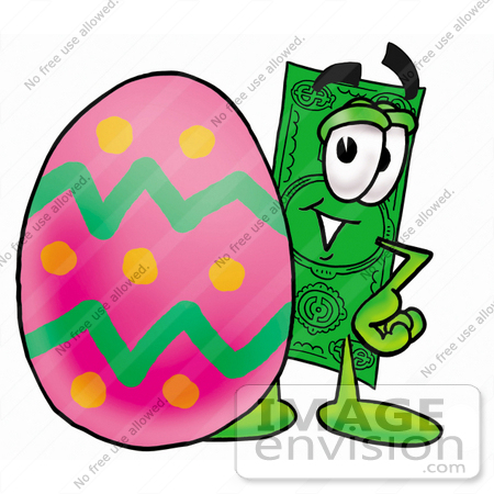 #24570 Clip Art Graphic of a Flat Green Dollar Bill Cartoon Character Standing Beside an Easter Egg by toons4biz