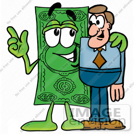 #24571 Clip Art Graphic of a Flat Green Dollar Bill Cartoon Character Talking to a Business Man by toons4biz