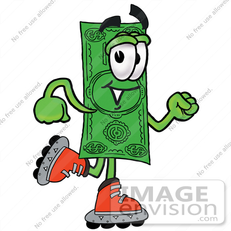 #24572 Clip Art Graphic of a Flat Green Dollar Bill Cartoon Character Roller Blading on Inline Skates by toons4biz