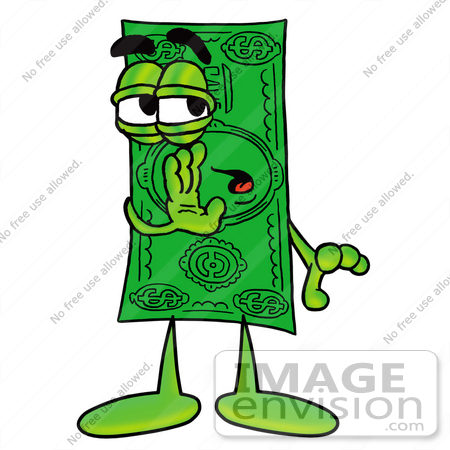 #24573 Clip Art Graphic of a Flat Green Dollar Bill Cartoon Character Whispering and Gossiping by toons4biz