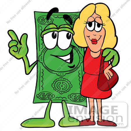 #24574 Clip Art Graphic of a Flat Green Dollar Bill Cartoon Character Talking to a Pretty Blond Woman by toons4biz