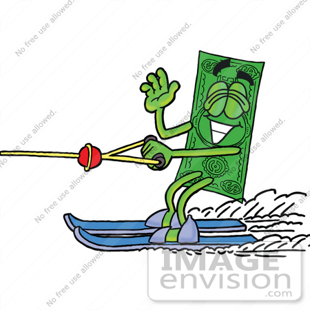 #24576 Clip Art Graphic of a Flat Green Dollar Bill Cartoon Character Waving While Water Skiing by toons4biz