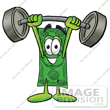 #24577 Clip Art Graphic of a Flat Green Dollar Bill Cartoon Character Holding a Heavy Barbell Above His Head by toons4biz