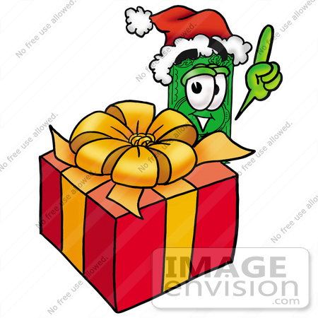 #24578 Clip Art Graphic of a Flat Green Dollar Bill Cartoon Character Standing by a Christmas Present by toons4biz