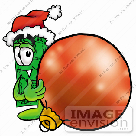#24580 Clip Art Graphic of a Flat Green Dollar Bill Cartoon Character Wearing a Santa Hat, Standing With a Christmas Bauble by toons4biz