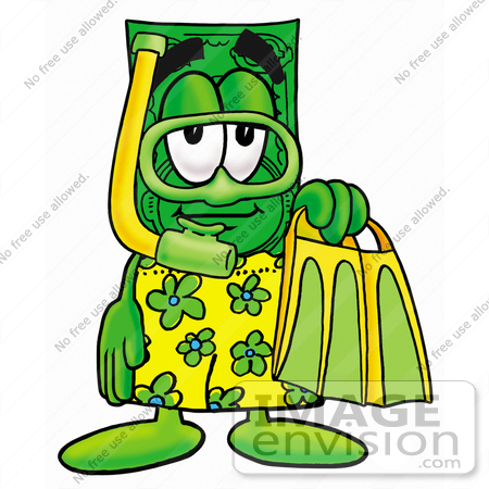 #24581 Clip Art Graphic of a Flat Green Dollar Bill Cartoon Character in Green and Yellow Snorkel Gear by toons4biz