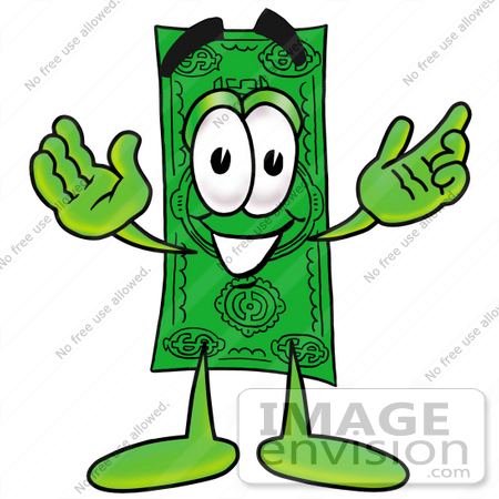 #24582 Clip Art Graphic of a Flat Green Dollar Bill Cartoon Character With Welcoming Open Arms by toons4biz