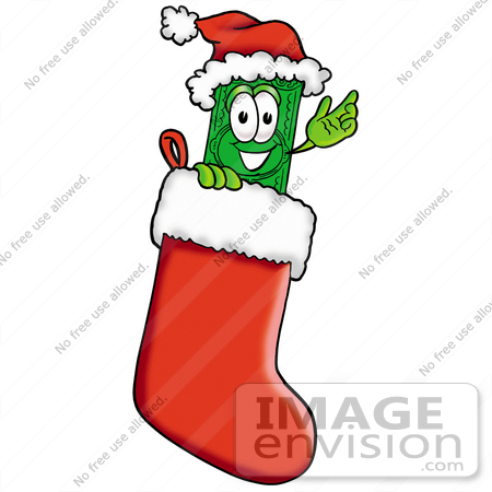 #24583 Clip Art Graphic of a Flat Green Dollar Bill Cartoon Character Wearing a Santa Hat Inside a Red Christmas Stocking by toons4biz