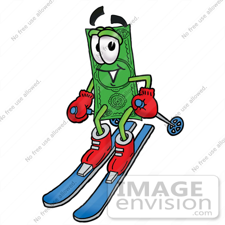 #24584 Clip Art Graphic of a Flat Green Dollar Bill Cartoon Character Skiing Downhill by toons4biz