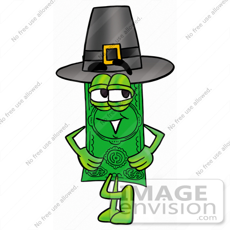 #24586 Clip Art Graphic of a Flat Green Dollar Bill Cartoon Character Wearing a Pilgrim Hat on Thanksgiving by toons4biz
