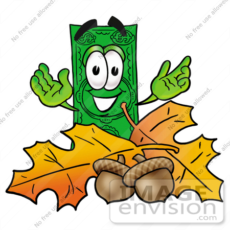 #24587 Clip Art Graphic of a Flat Green Dollar Bill Cartoon Character With Autumn Leaves and Acorns in the Fall by toons4biz
