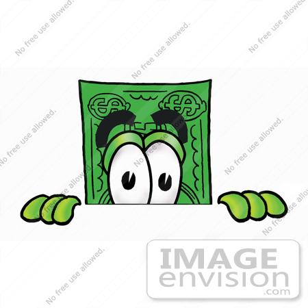 #24589 Clip Art Graphic of a Flat Green Dollar Bill Cartoon Character Peeking Over a Surface by toons4biz