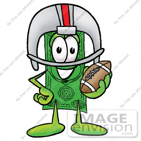 #24591 Clip Art Graphic of a Flat Green Dollar Bill Cartoon Character in a Helmet, Holding a Football by toons4biz