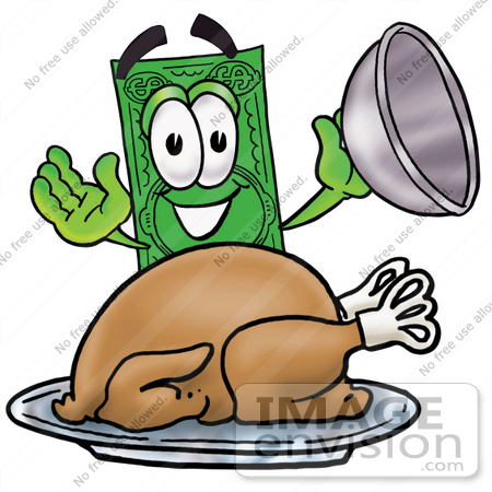#24593 Clip Art Graphic of a Flat Green Dollar Bill Cartoon Character Serving a Thanksgiving Turkey on a Platter by toons4biz