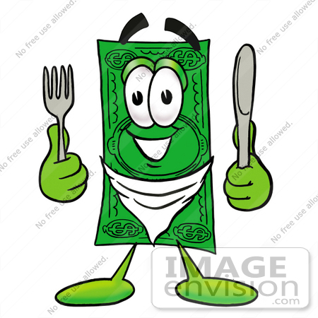 #24594 Clip Art Graphic of a Flat Green Dollar Bill Cartoon Character Holding a Knife and Fork by toons4biz