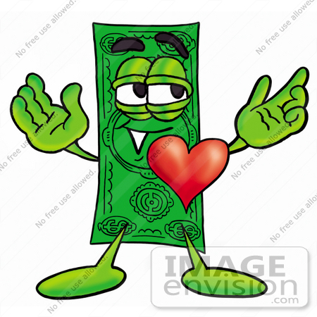 #24595 Clip Art Graphic of a Flat Green Dollar Bill Cartoon Character With His Heart Beating Out of His Chest by toons4biz