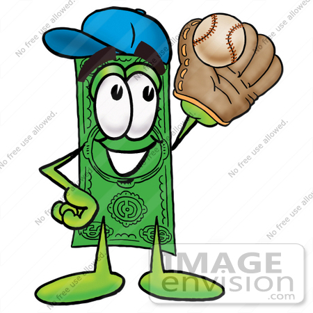 #24596 Clip Art Graphic of a Flat Green Dollar Bill Cartoon Character Catching a Baseball With a Glove by toons4biz