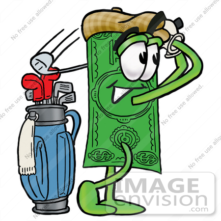 #24597 Clip Art Graphic of a Flat Green Dollar Bill Cartoon Character Swinging His Golf Club While Golfing by toons4biz