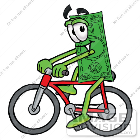 #24598 Clip Art Graphic of a Flat Green Dollar Bill Cartoon Character Riding a Bicycle by toons4biz