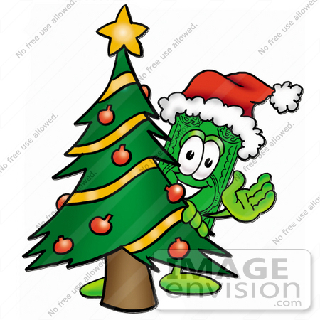 #24599 Clip Art Graphic of a Flat Green Dollar Bill Cartoon Character Waving and Standing by a Decorated Christmas Tree by toons4biz
