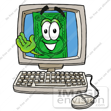#24600 Clip Art Graphic of a Flat Green Dollar Bill Cartoon Character Waving From Inside a Computer Screen by toons4biz