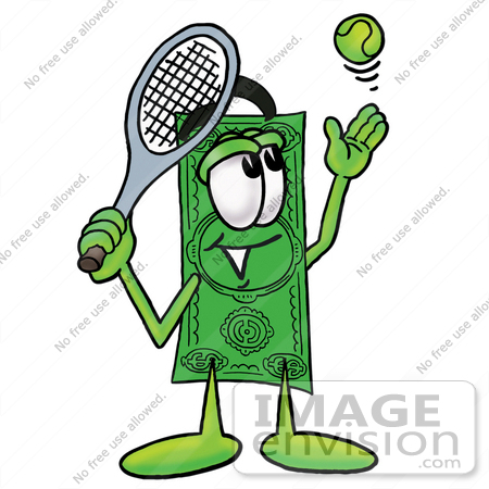 #24602 Clip Art Graphic of a Flat Green Dollar Bill Cartoon Character Preparing to Hit a Tennis Ball by toons4biz
