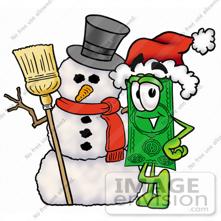 #24603 Clip Art Graphic of a Flat Green Dollar Bill Cartoon Character With a Snowman on Christmas by toons4biz