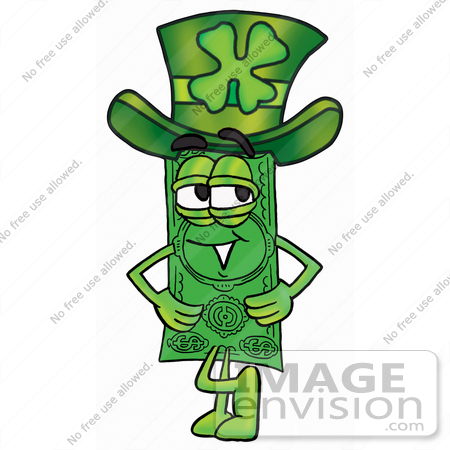 #24604 Clip Art Graphic of a Flat Green Dollar Bill Cartoon Character Wearing a Saint Patricks Day Hat With a Clover on it by toons4biz