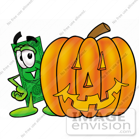#24606 Clip Art Graphic of a Flat Green Dollar Bill Cartoon Character With a Carved Halloween Pumpkin by toons4biz