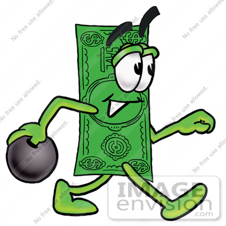 #24608 Clip Art Graphic of a Flat Green Dollar Bill Cartoon Character Holding a Bowling Ball by toons4biz
