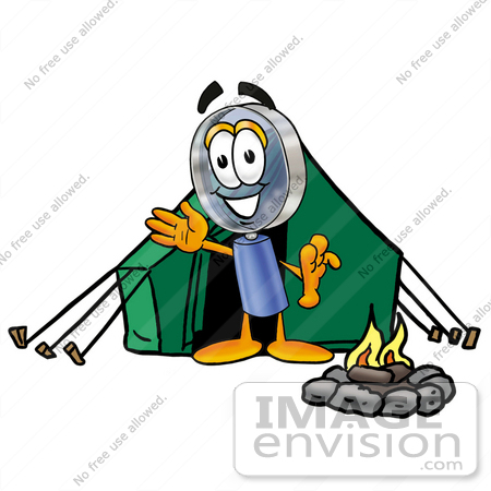 #24610 Clip Art Graphic of a Blue Handled Magnifying Glass Cartoon Character Camping With a Tent and Fire by toons4biz
