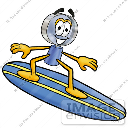 #24611 Clip Art Graphic of a Blue Handled Magnifying Glass Cartoon Character Surfing on a Blue and Yellow Surfboard by toons4biz