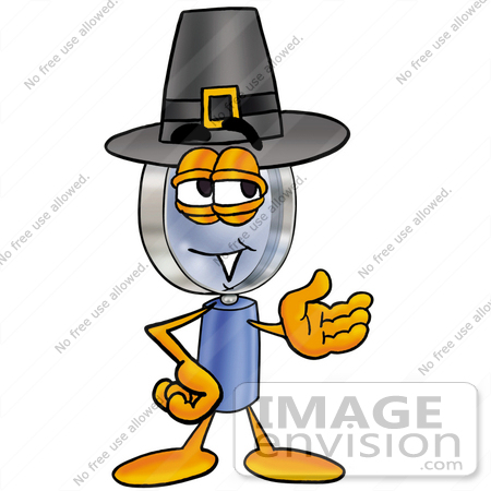 #24612 Clip Art Graphic of a Blue Handled Magnifying Glass Cartoon Character Wearing a Pilgrim Hat on Thanksgiving by toons4biz