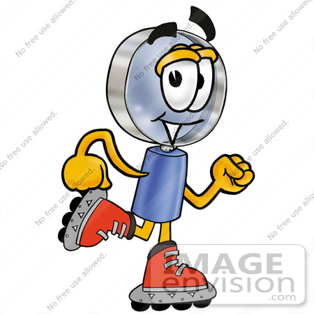 #24613 Clip Art Graphic of a Blue Handled Magnifying Glass Cartoon Character Roller Blading on Inline Skates by toons4biz