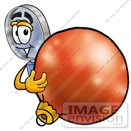 #24614 Clip Art Graphic of a Blue Handled Magnifying Glass Cartoon Character Standing With a Christmas Bauble by toons4biz
