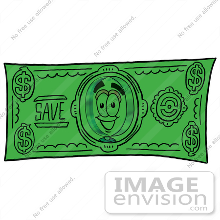#24617 Clip Art Graphic of a Blue Handled Magnifying Glass Cartoon Character on a Dollar Bill by toons4biz