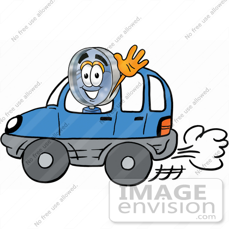 #24618 Clip Art Graphic of a Blue Handled Magnifying Glass Cartoon Character Driving a Blue Car and Waving by toons4biz
